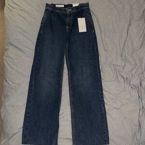 Zara Women's Mid Rise Full Length Relaxed Pant Dark Blue Flare Jeans